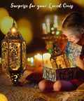 Girl opening gift with 12.4 Inch Solar Outdoor Lanterns Waterproof Garden Lights With Moon And Star Cutouts glowing beside her.