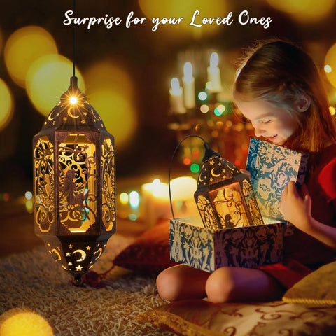 Girl opening gift with 12.4 Inch Solar Outdoor Lanterns Waterproof Garden Lights With Moon And Star Cutouts glowing beside her.