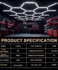 Hexagon LED Garage Light Kit 24 Pack Ultra Bright Ceiling Tubes 192W 23040LM 6500K Grid System For Auto Detailing Shop And Garage Lighting Ideal For Car Care And Setup That Is Lit installed in dark garage environment with specifications listed.