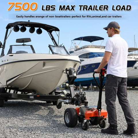 Heavy Duty Electric Trailer Dolly 7500 Lbs Capacity With Six All-Terrain Wheels For Moving Campers And RVS, user guiding with boat trailer.