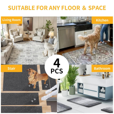 Four Pack Washable Non Slip Rug Tape Pads For Hardwood Floors And Tiles shown in living room, kitchen, stair, and bathroom settings.