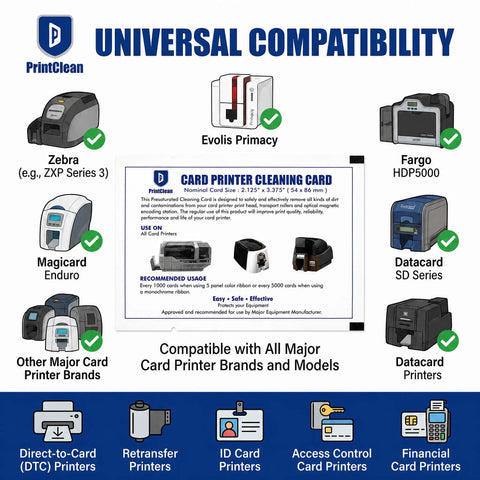 Universal compatibility card printer cleaning card for Zebra, Evolis, Fargo, Magicard, Datacard printers.