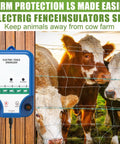 All In One Beefed Up Electric Fence Kit For Livestock Control with cows and electric energizer in classic blue