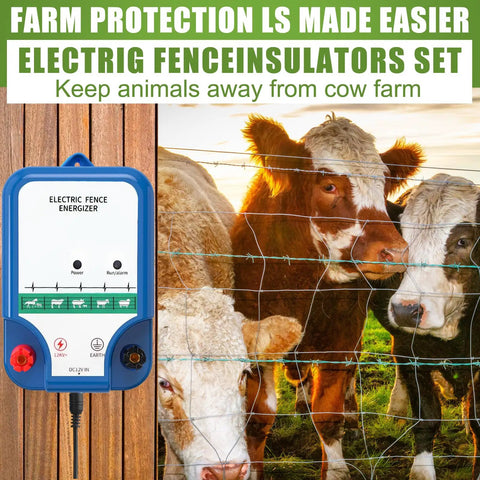 All In One Beefed Up Electric Fence Kit For Livestock Control with cows and electric energizer in classic blue