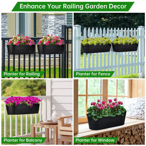 Three Pack 16 Inch Railing Planter Boxes With Detachable Wide Hooks for 2.7 inch railings on balcony, fence, and window.