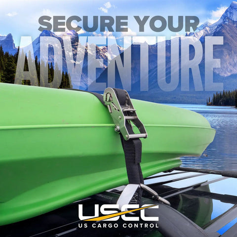 Beefy Stainless Steel Ratchet Straps With S Hooks 1 Inch By 10 Feet 4 Pack For Boats ATVs Camping Snow And Saltwater, securing a kayak on a car roof.