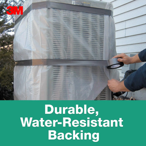 Applying heavy duty duct tape that is the go to for everyday fixes with beast mode strong adhesive and waterproof backing on AC unit