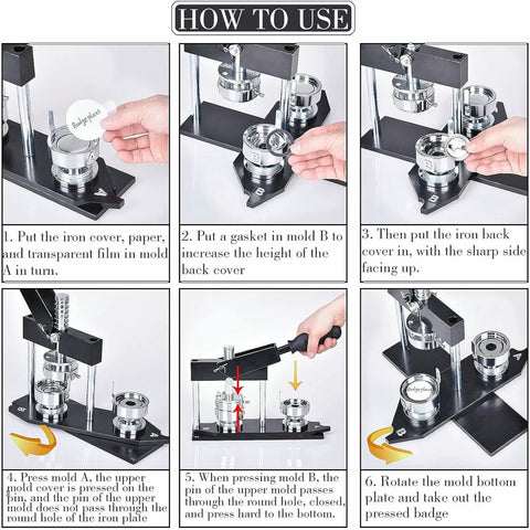 Instructions showing usage of DIY Button Maker Machine For Pin Badges 44MM With 100 Sets Button Making Supplies.