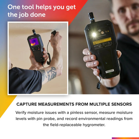 MR277 Moisture Meter With MSX Infrared Camera And Hygrometer For Building Inspection in hand, rear view