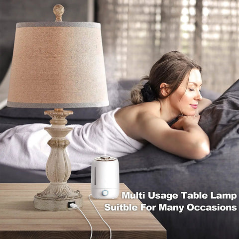 Farmhouse Style Table Lamps Set Of 2 With USB Charging Port White Washed Rustic 22 Inch Bedside Lamps in bedroom setting