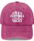 No Crying On The Yacht funny golf hat for men and women distressed washed baseball cap in rose red, front view
