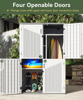 Outdoor Resin Storage Shed With Floor, 64 Cu Ft Vertical Storage Shed For Garage, Pool, Bike And Garden Gear, Waterproof Weatherproof Design shown with four open doors revealing sports equipment