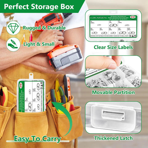 Storage box holding the Spring Lock Washer Set 304 Stainless Steel Eight Size Assortment For Home, Workshop, Kitchen And Factory Use.