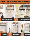 All In One Broom Holder Wall Mount With Cleaning Supplies Organizer for versatile spaces like laundry, garage, kitchen, closet, and apartment.