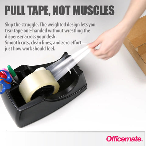 Heavy Duty Dual Function Tape Dispenser Built Tough For All Your Packing Needs Featuring Weighted Five Point Five Pound Base For Rock Solid Stability And Effortless Pulling Of Wide Packing Tape Rolls Plus Handy Compartment For Desk Gadgets In Sleek Black