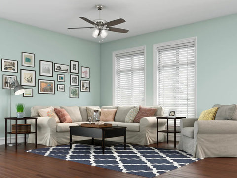 52 Inch Indoor LED Ceiling Fan With Pull Chain Lights, Brushed Nickel Finish, Five Blades, Standard Mount in living room