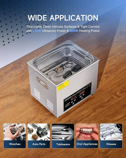 10L Digital Ultrasonic Cleaner With Heater And Timer, 240W Stainless Steel, showcasing cleaning of glasses, utensils, auto parts