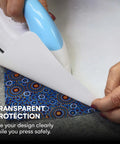 Three Pack PTFE Sheets in use with iron pressing colorful fabric, highlighting transparent protection and heat resistance.