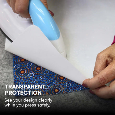 Three Pack PTFE Sheets in use with iron pressing colorful fabric, highlighting transparent protection and heat resistance.