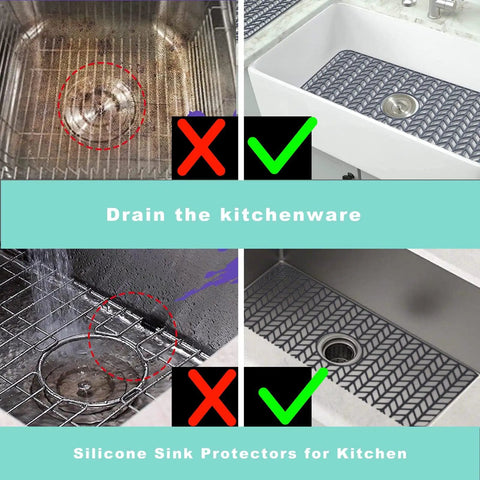 Comparison of ineffective and effective sink protection with Silicone Sink Mat 26x14 With Center Drain, Easy Clean Gray.
