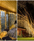 900 LED Outdoor Curtain Lights With Remote, 9.5 by 29.5 feet twinkle warm white string lights on windows and tree
