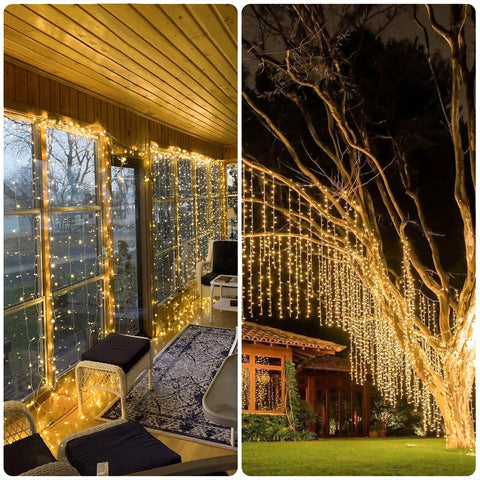 900 LED Outdoor Curtain Lights With Remote, 9.5 by 29.5 feet twinkle warm white string lights on windows and tree