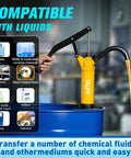 TALFIT lever-action barrel pump for 55-gallon drums; yellow pump head on a blue drum.