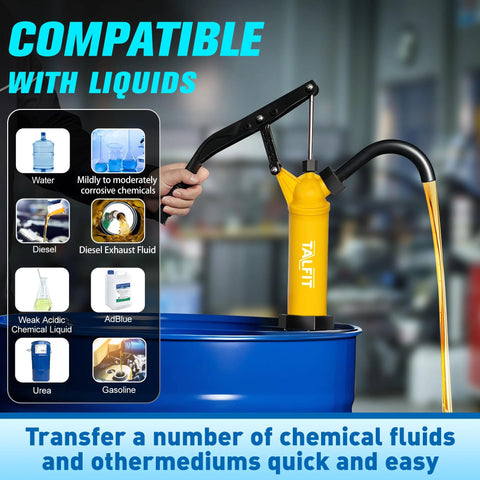 TALFIT lever-action barrel pump for 55-gallon drums; yellow pump head on a blue drum.