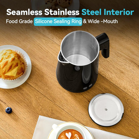 850Ml Small Electric Kettle With Temperature Control Your Quick Heat Buddy 800W Fast Boil Double Wall 304 Stainless Steel Five Temperature Presets Auto Shut Off Safe For Tea And Coffee Compact Kitchen Office Dorm Black shown with lid off, revealing stainless steel interior on a wooden table.