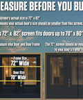 Diagram showing Magnetic Screen Door for French and Sliding Doors, Heavy-Duty Hands-Free Fiberglass Mesh, fits 70x80 inch doors.