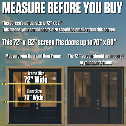 Diagram showing Magnetic Screen Door for French and Sliding Doors, Heavy-Duty Hands-Free Fiberglass Mesh, fits 70x80 inch doors.