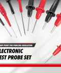 Electronic test probe set with sharp piercing tips, featuring black and red handles for multimeter use.