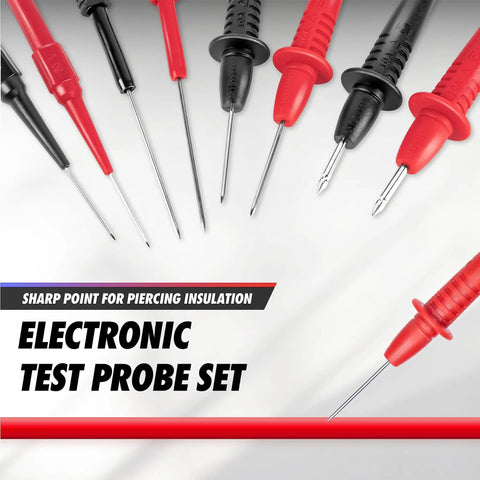 Electronic test probe set with sharp piercing tips, featuring black and red handles for multimeter use.