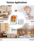 Longest Range Wireless Indoor Outdoor Thermometer With Sensor And Humidity Monitor 1000 Ft RF Tech For Real Time Temperature And Humidity Readings Easy Setup No Fuss Monitoring Crystal Clear Readings shown in living room, baby room, bedroom, and storage room