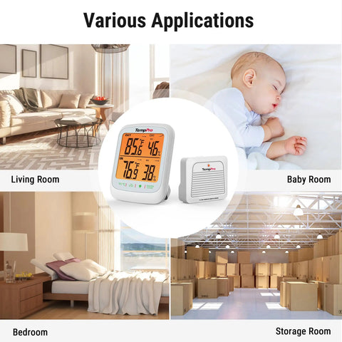 Longest Range Wireless Indoor Outdoor Thermometer With Sensor And Humidity Monitor 1000 Ft RF Tech For Real Time Temperature And Humidity Readings Easy Setup No Fuss Monitoring Crystal Clear Readings shown in living room, baby room, bedroom, and storage room