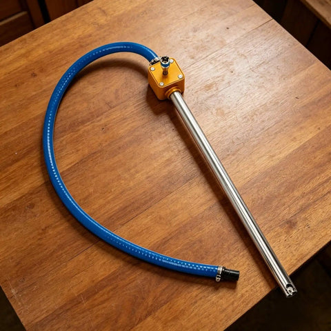 Heavy Duty Electric Drill Oil Transfer Pump With Aluminum Alloy Anti Rust Pipe Pro Grade Fluid Transfer Attachment For Auto Shops And Industrial Gear Handles Viscous Oil And Water Like A Boss Universal Handle blue hose and metal tube