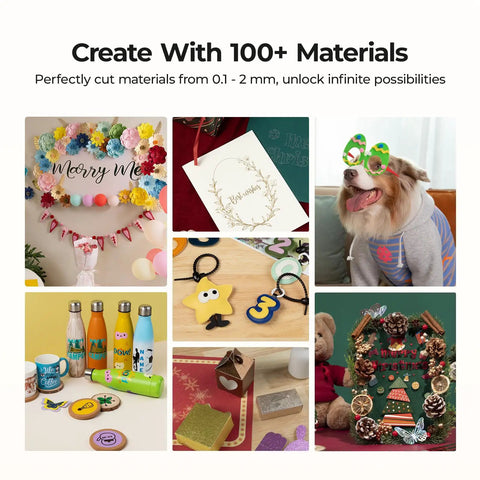 Collage of crafts made with Cutting Machine 2 By HTVRONT 5 In 1 Vinyl Cutter, featuring cards, decor, and pet accessories