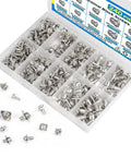Top Tier 240 Piece Screw Terminal Block Kit With Square Washers in clear case, featuring various sizes of nickel-plated screws.