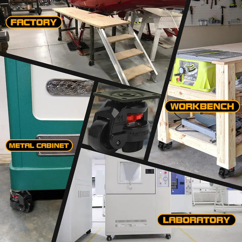 Beefy Heavy Duty Leveling Casters Set Of 4 With 110 Lb Per Wheel Capacity, used in factories, metal cabinets, workbenches, and labs.