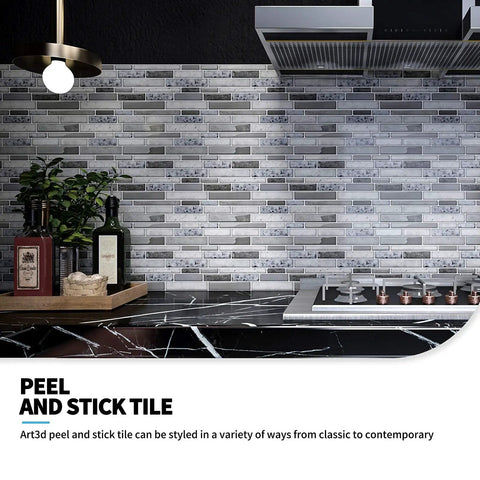 Peel and Stick Brick Kitchen Backsplash Self Adhesive Wall Tile Stone Design in Grey, 10 Sheets, Heat and Moisture Resistant shown in kitchen.