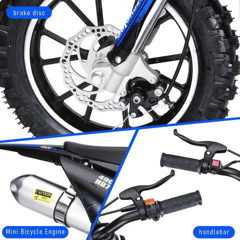 Close-up of brake disc and handlebars for Awesome 50Cc Gas-Powered Kids Dirt Bike With 2-Stroke Engine Hits 35 Mph For Thrilling Off-Road Adventures And Easy Pull Start For Ages 8 To 14.
