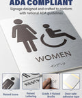 ADA compliant women's sign with raised icons and Grade 2 Braille, modern restroom sign for business, 6x8 brushed aluminum.