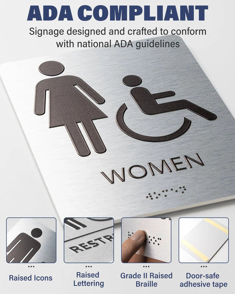ADA compliant women's sign with raised icons and Grade 2 Braille, modern restroom sign for business, 6x8 brushed aluminum.