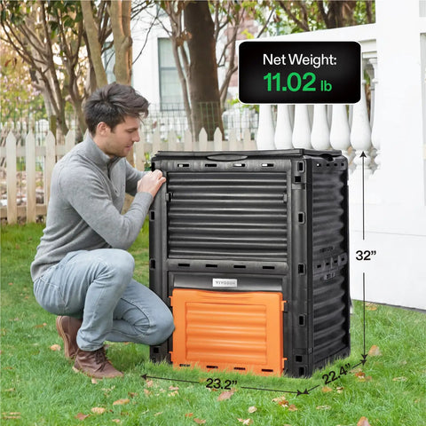 Man assembling Heavy Duty Outdoor Compost Bin 80 Gallon Capacity 300L Barrel For Fast Fermentation in garden