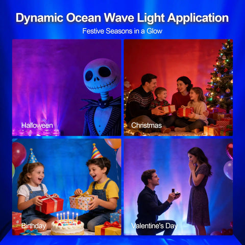 Smart RGBW Wave Wall Light With Water Ripple Projector creating festival scenes for Halloween, Christmas, Birthday, and Valentine's Day.