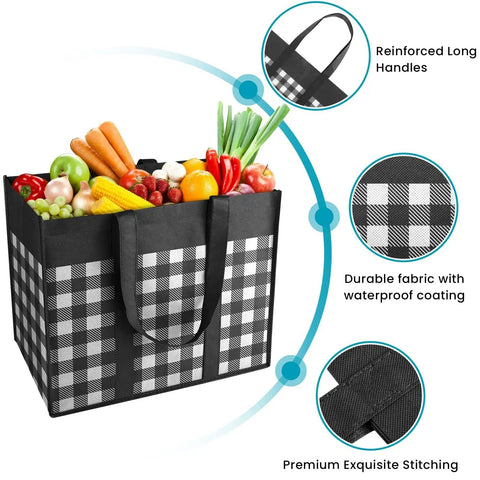 Oversized Foldable Grocery Tote Bags Four Pack With Reinforced Handles 35 Liter Capacity Water Resistant Coating Black And White