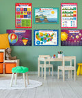 32 Colorful Kid Friendly Educational Posters Set For Kids With 59 Designs In 17x11 Inches Includes Multiplication Chart Alphabet Poster Periodic Table USA Map World Map Classroom And Homeschool Posters Laminated And Flat displayed on a wall