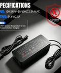 54.6V 2.5A 3 Pin Fast Charger For TST R002 R002S E Bikes Waterproof Power Adapter With UL Certification displayed with cables