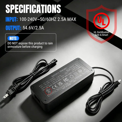54.6V 2.5A 3 Pin Fast Charger For TST R002 R002S E Bikes Waterproof Power Adapter With UL Certification displayed with cables