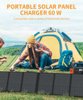 Portable 60W Foldable Solar Panel for Camping on the Go, setup beside a tent, powers cell phones and tablets with 5V USB and 18V DC